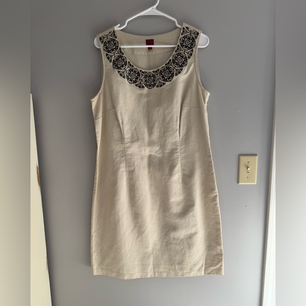 212 Collection Womens Dress 14 Tan Embroidered Linen Cotton Sleeveless MIDI Plus